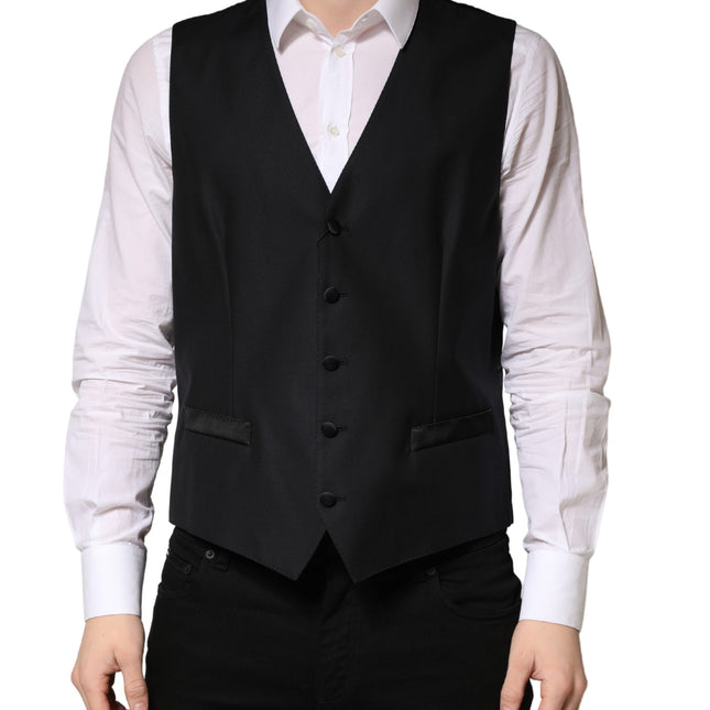 Dolce & Gabbana Black Wool Single Breasted Men Waistcoat Vest