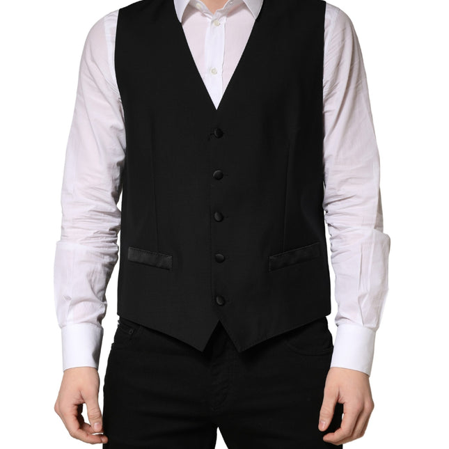 Dolce & Gabbana Black Wool Single Breasted Men Waistcoat Vest