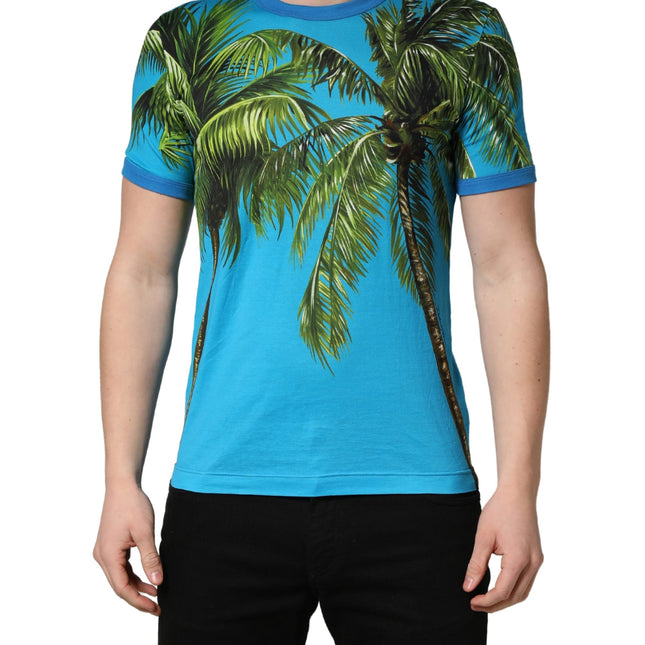Dolce & Gabbana Blue Palm Tree Print Cotton CrewNeck T-shirt