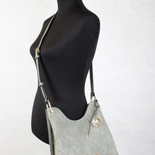 Michael Kors Joan Small Green Perforated Suede Leather Slouchy Messenger Handbag