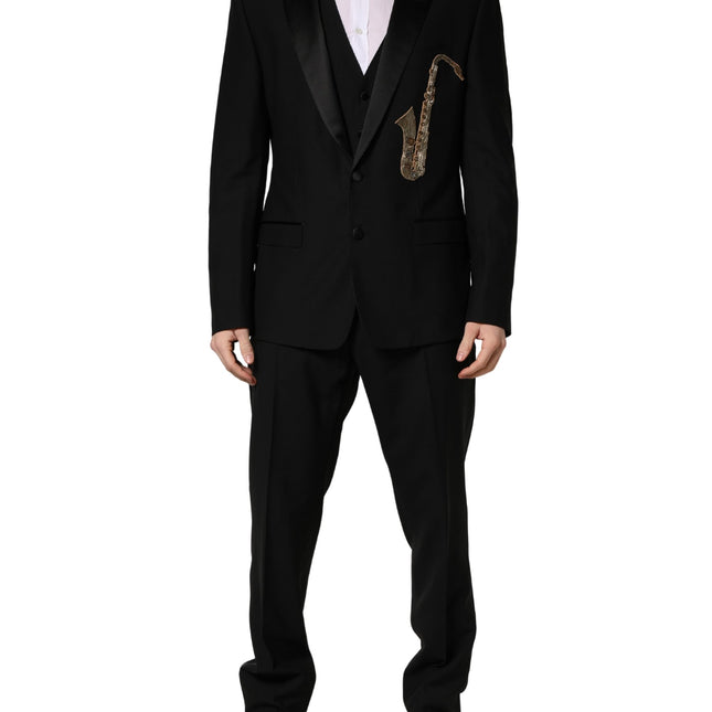 Dolce & Gabbana Black Wool Silk Saxophone Slim Fit 3Pc Suit
