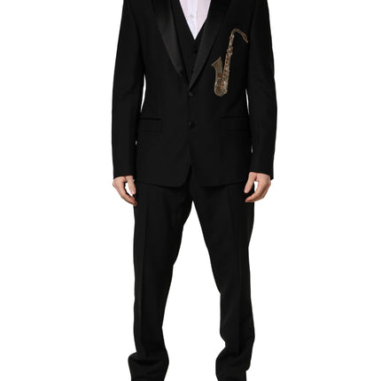 Dolce & Gabbana Black Wool Silk Saxophone Slim Fit 3Pc Suit