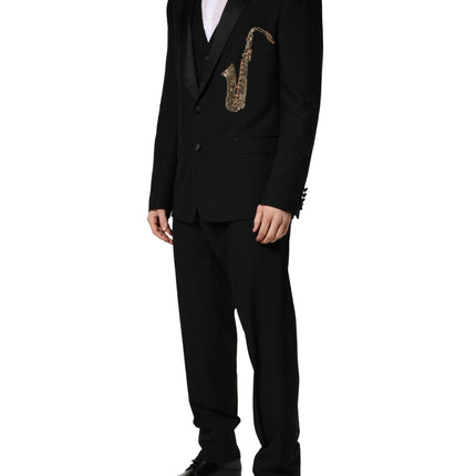 Dolce & Gabbana Black Wool Silk Saxophone Slim Fit 3Pc Suit