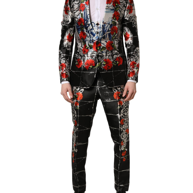 Dolce & Gabbana Black Floral 2 Buttons Formal 3 Piece Suit