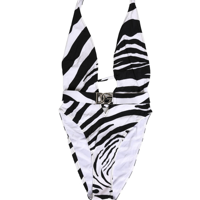 Dolce & Gabbana Black White Zebra Deep V-Neck One Piece Swimwear