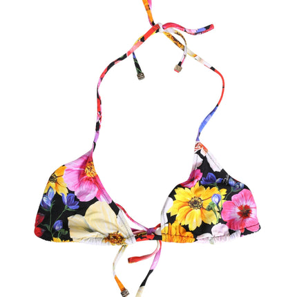 Dolce & Gabbana Black Floral Print Nylon Halter Bikini Top Swimwear