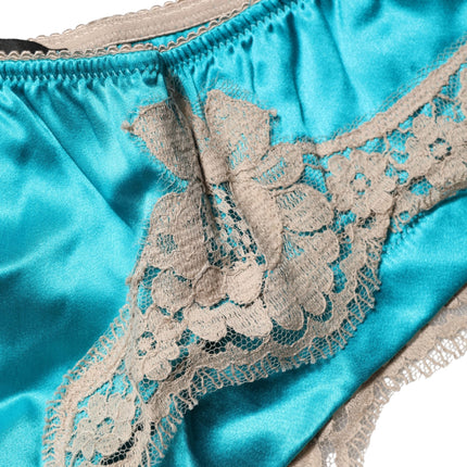 Dolce & Gabbana Blue Silk Satin Floral Lace Panty Brief Underwear