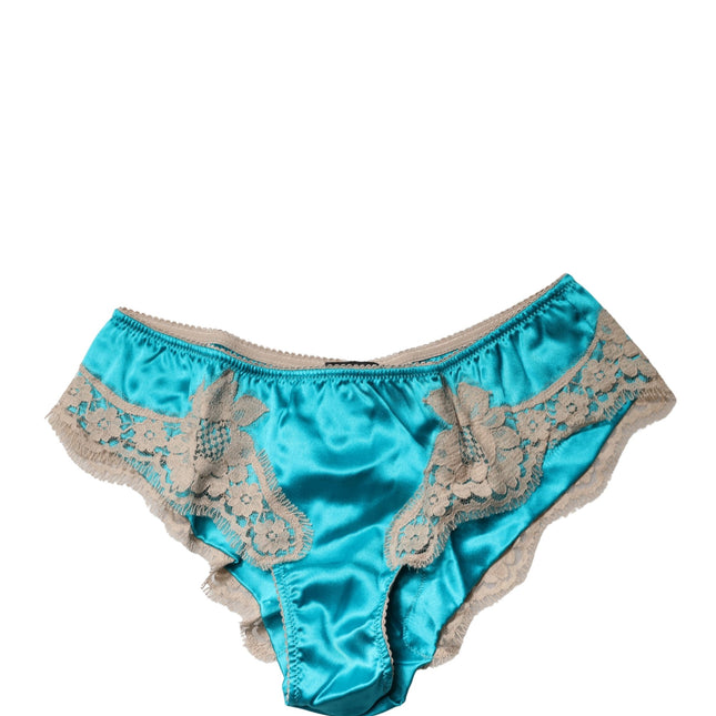 Dolce & Gabbana Blue Silk Satin Floral Lace Panty Brief Underwear