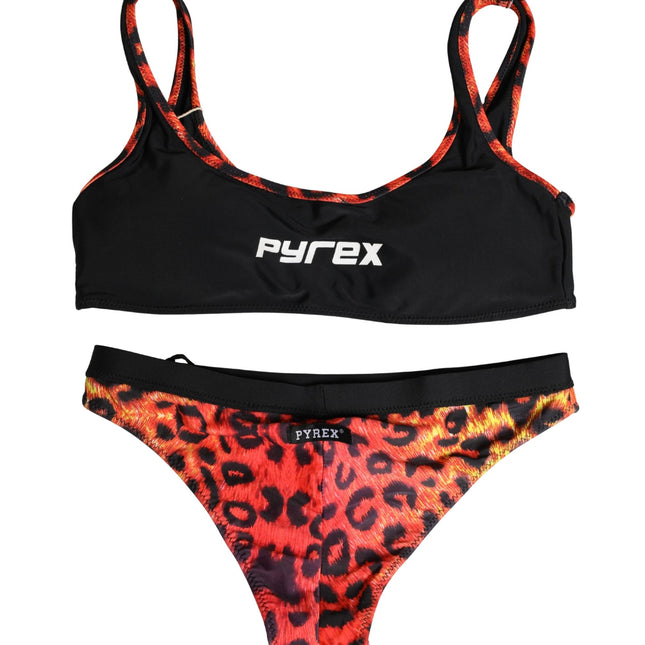 Pyrex Black Top Orange Leopard Print Bottom 2 Piece Swimwear