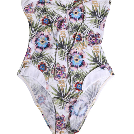 John Galliano White Floral Print Strapless One-Piece Swimsuit Swimwear