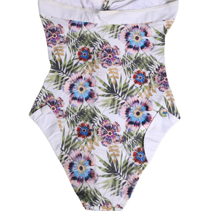 John Galliano White Floral Print Strapless One-Piece Swimsuit Swimwear