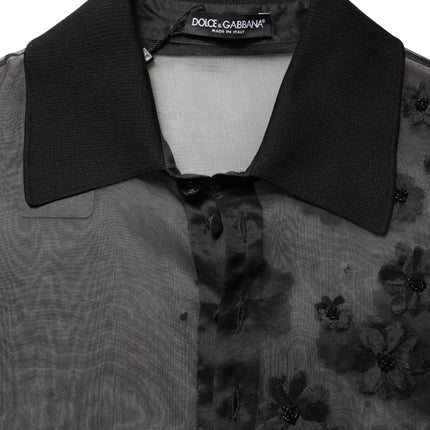 Dolce & Gabbana Black Floral Applique Sheer Short Sleeve Shirt