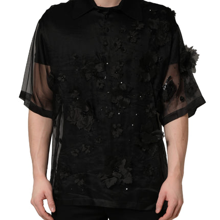Dolce & Gabbana Black Floral Applique Sheer Short Sleeve Shirt