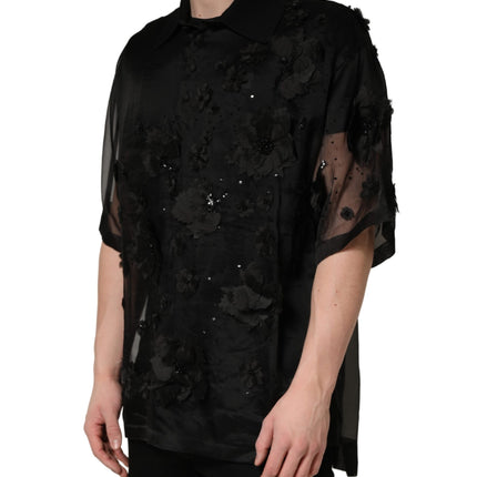 Dolce & Gabbana Black Floral Applique Sheer Short Sleeve Shirt