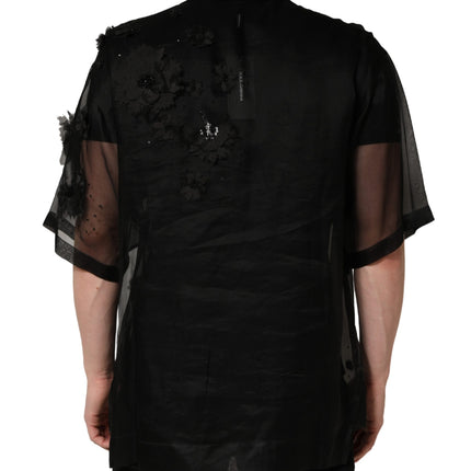 Dolce & Gabbana Black Floral Applique Sheer Short Sleeve Shirt