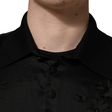 Dolce & Gabbana Black Floral Applique Sheer Short Sleeve Shirt