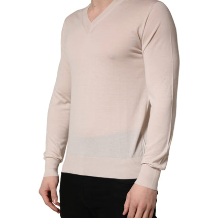 Dolce & Gabbana Beige Cashmere V-neck Men Pullover Sweater