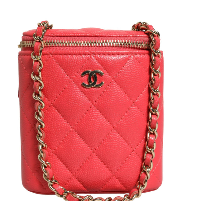 Chanel Red Caviar Quilted Small Vertical Coco Beauty Vanity Case with Chain