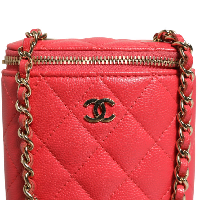 Chanel Red Caviar Quilted Small Vertical Coco Beauty Vanity Case with Chain
