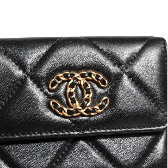 Chanel 19 Flap Coin Purse Quilted Leather Black Crossbody