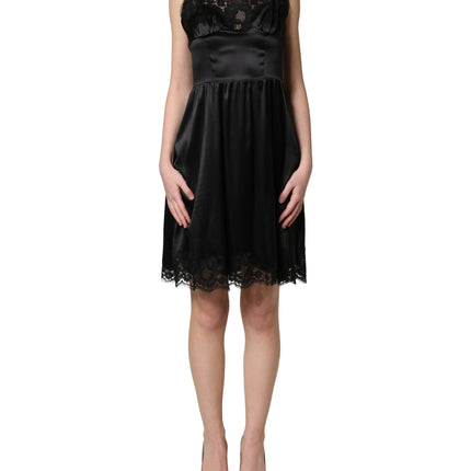 Dolce & Gabbana Black Silk Satin Lace Sleeveless Mini Dress