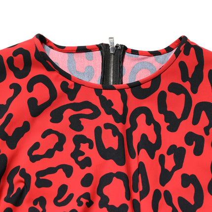 Dolce & Gabbana Red Leopard Print Long Sleeves Midi Dress