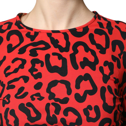 Dolce & Gabbana Red Leopard Print Long Sleeves Midi Dress
