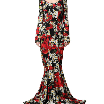 Dolce & Gabbana Black Floral Silk Long Sleeves Gown Dress