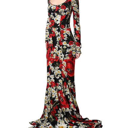 Dolce & Gabbana Black Floral Silk Long Sleeves Gown Dress