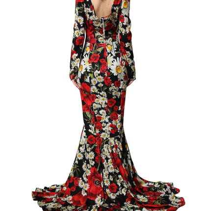 Dolce & Gabbana Black Floral Silk Long Sleeves Gown Dress