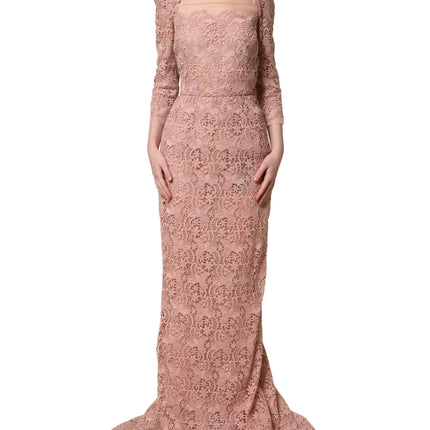 Dolce & Gabbana Pink Lace Long-Sleeved Evening Gown Dress