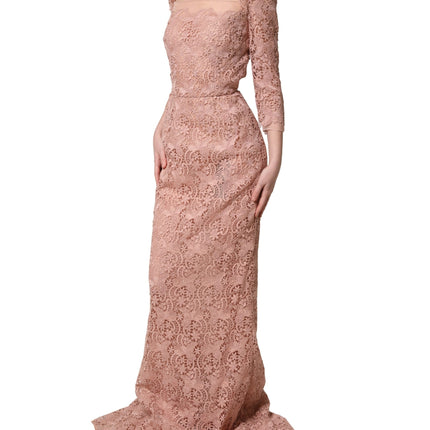 Dolce & Gabbana Pink Lace Long-Sleeved Evening Gown Dress