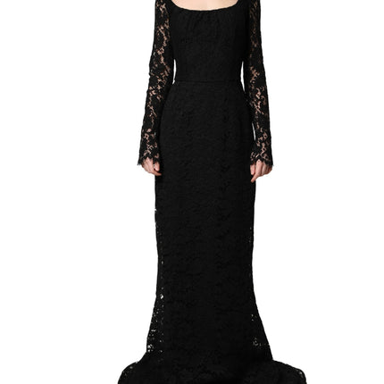 Dolce & Gabbana Black Lace Square Neck LongSleeve Maxi Dress