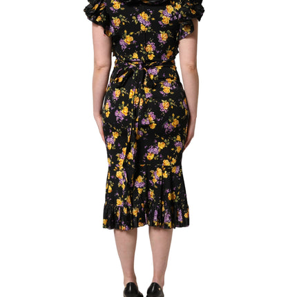 Dolce & Gabbana Black Purple Crystal Brooch Silk Midi Dress