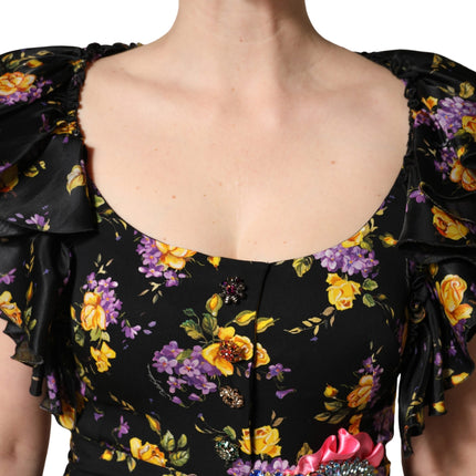 Dolce & Gabbana Black Purple Crystal Brooch Silk Midi Dress