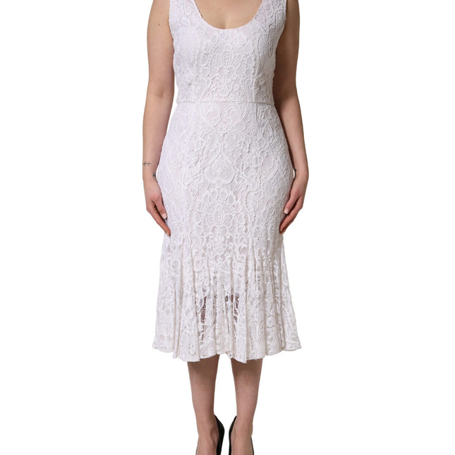 Dolce & Gabbana White Floral Lace Sleeveless Midi Dress