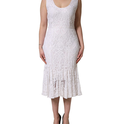 Dolce & Gabbana White Floral Lace Sleeveless Midi Dress