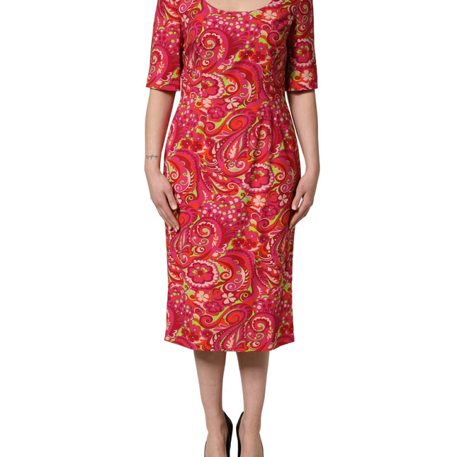 Dolce & Gabbana Red Paisley Floral Print Sheath Midi Dress