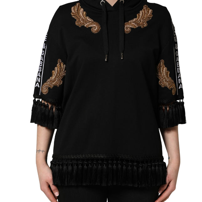Dolce & Gabbana Black Embroidered Tassel Hooded Sweatshirt Sweater