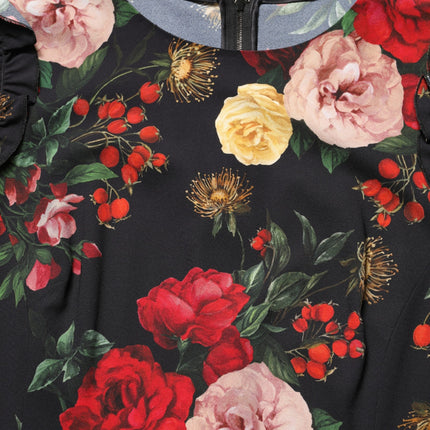 Dolce & Gabbana Black Floral Crepe Frill Detail Blouse Top