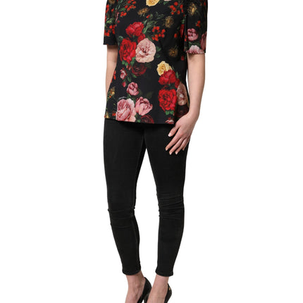 Dolce & Gabbana Black Floral Crepe Frill Detail Blouse Top