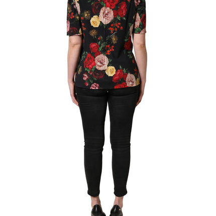 Dolce & Gabbana Black Floral Crepe Frill Detail Blouse Top