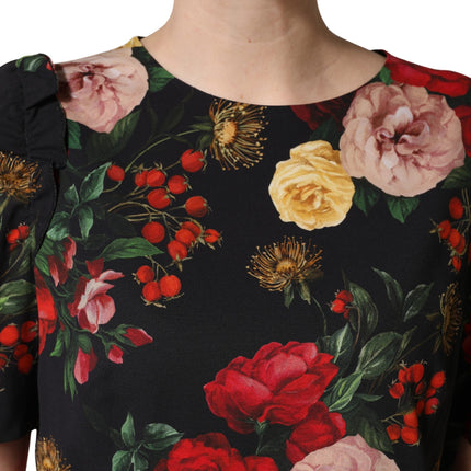 Dolce & Gabbana Black Floral Crepe Frill Detail Blouse Top