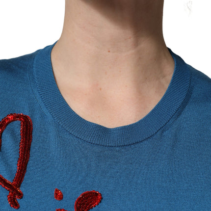 Dolce & Gabbana Blue Silk Sequined CrewNeck Pullover Sweater