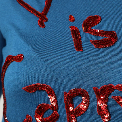 Dolce & Gabbana Blue Silk Sequined CrewNeck Pullover Sweater