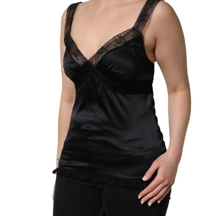 Dolce & Gabbana Black Silk Lace Trim Camisole V-neckline Tank Top
