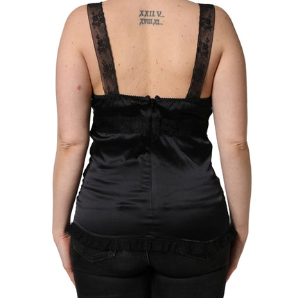 Dolce & Gabbana Black Silk Lace Trim Camisole V-neckline Tank Top
