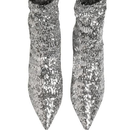 Dolce & Gabbana Silver Sequined Short Boots Stretch Shoes