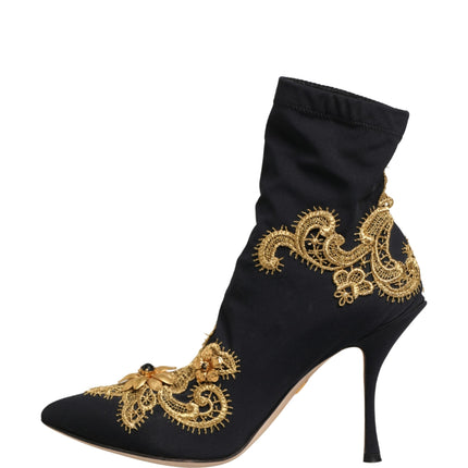 Dolce & Gabbana Black Gold Embroidery Crystal Boots Shoes