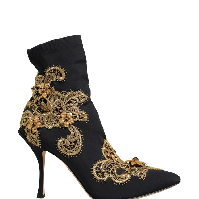 Dolce & Gabbana Black Gold Embroidery Crystal Boots Shoes